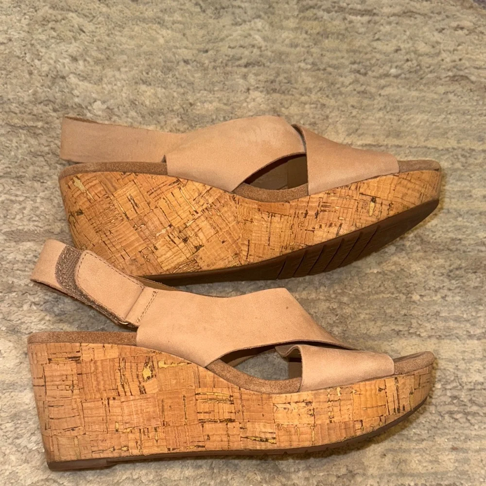 Clarks Beige Suede Cross-Strap Wedge Sandals